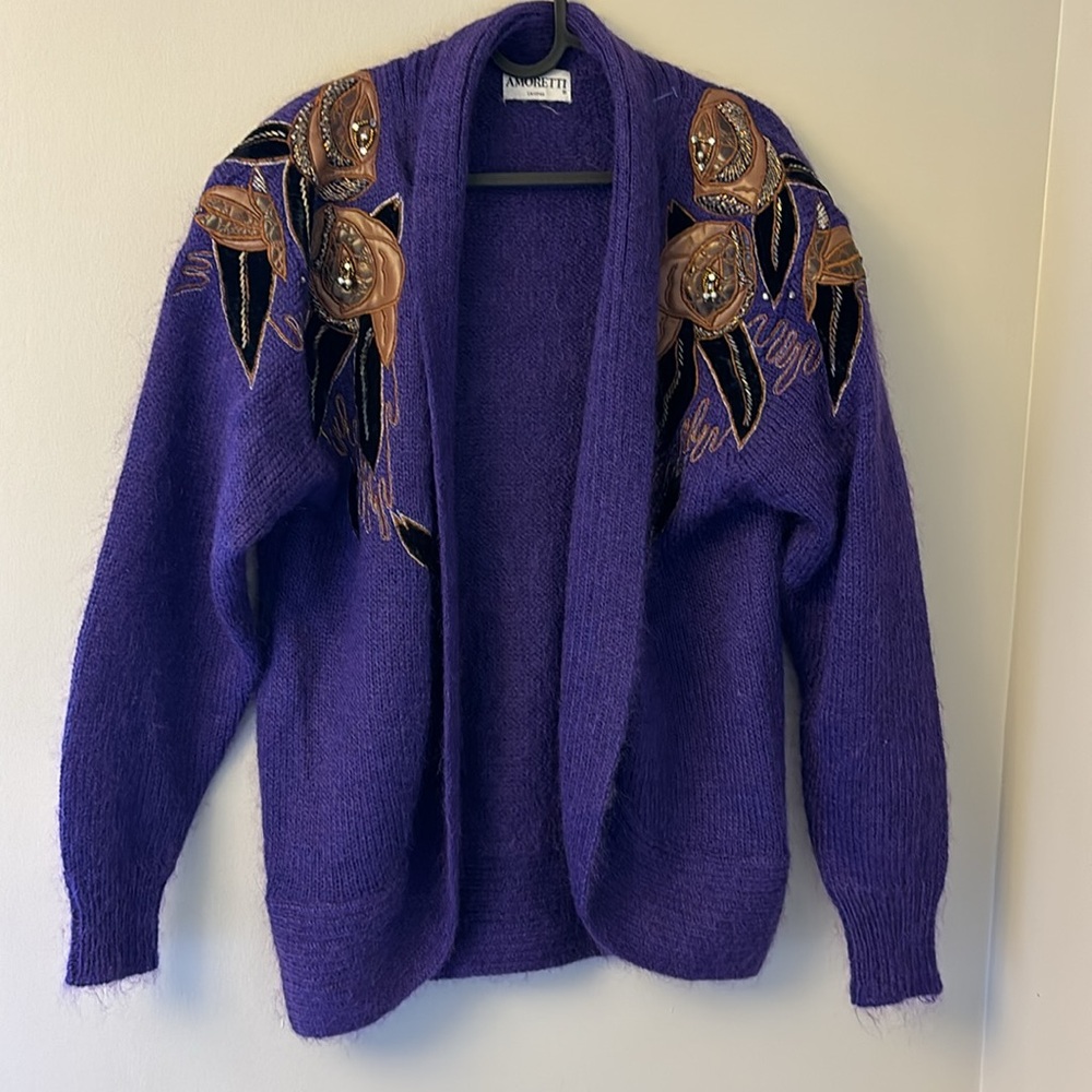 Vintage Amoretti Mohair, Wool and Leather embroidered cardigan approx size s